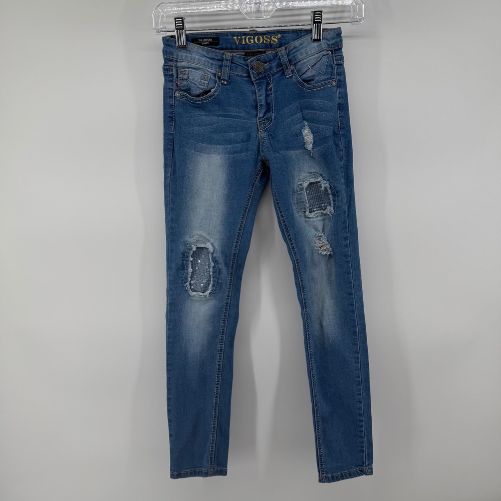 VIGOSS The Jagger Skinny‎ Jeans Girls Size 10 Blue Distressed Sequins Patches